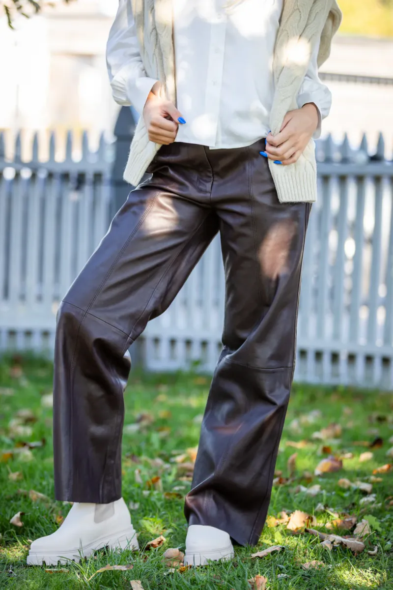 Letho Leather Straight Trousers, Chocolate Plum