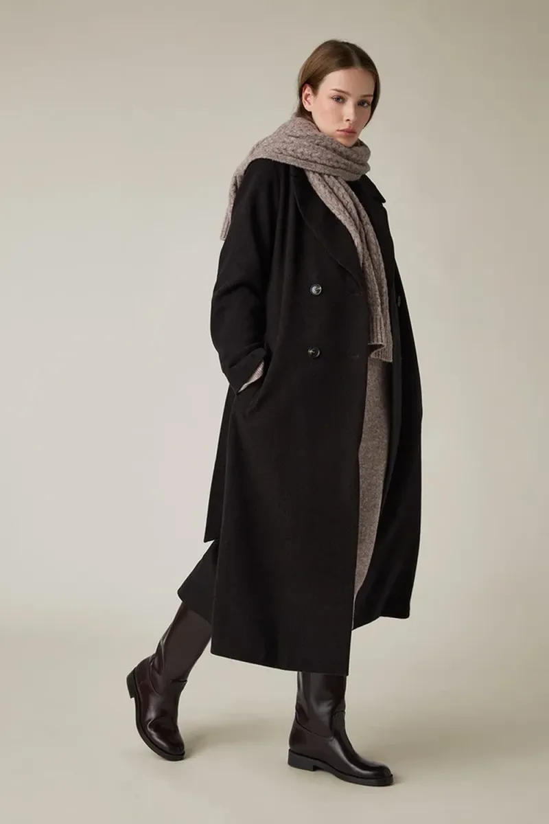 Wool Blend Belted Coat, Dark Brown