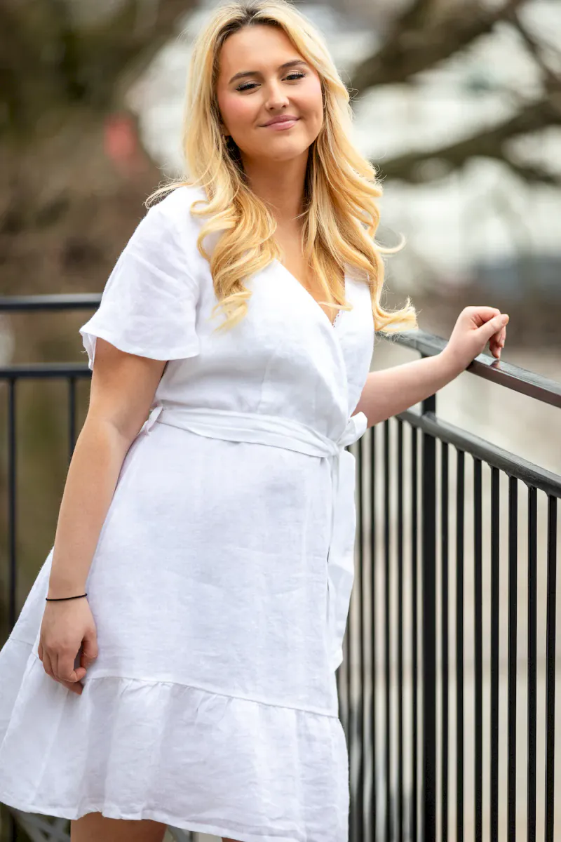 Belted Linen V-neck Dress, White