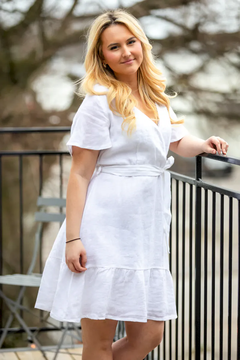 Belted Linen V-neck Dress, White