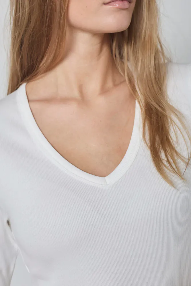 Granny Rib SS V-Tee, Off white